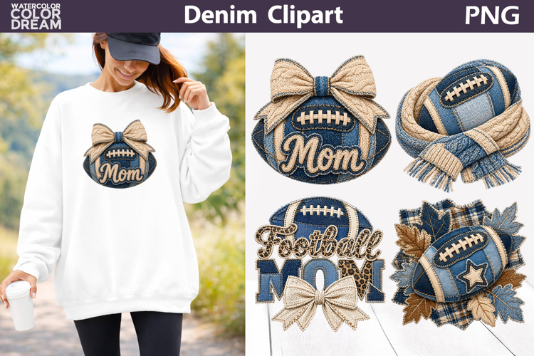 Denim Fall Football Clipart | Football Mom Sublimation