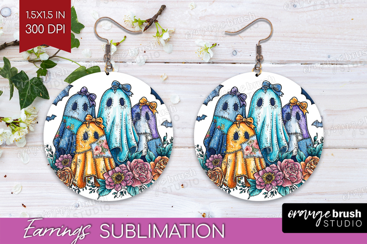 Denim Ghost Halloween Round Earrings Spooky Season PNG