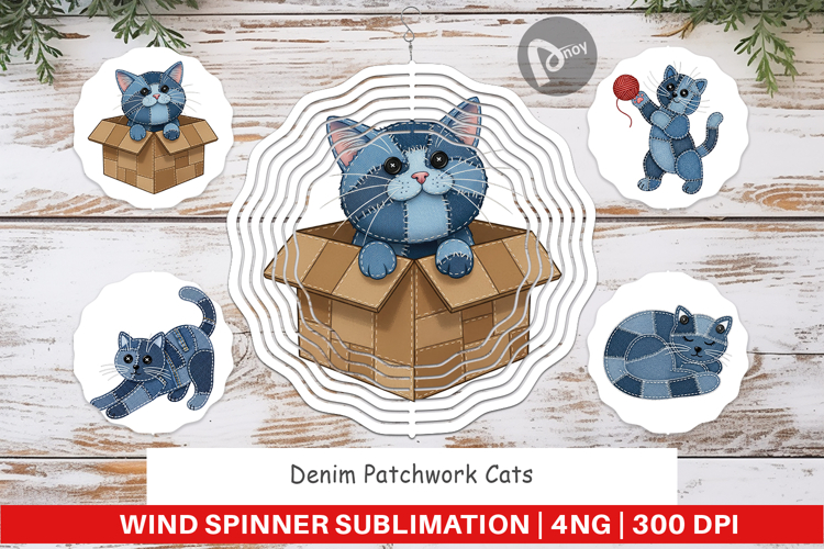 Denim Patchwork Cats Wind Spinner