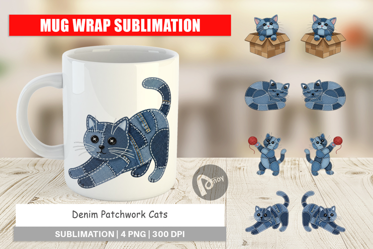 Denim Patchwork Cats Mug Wrap