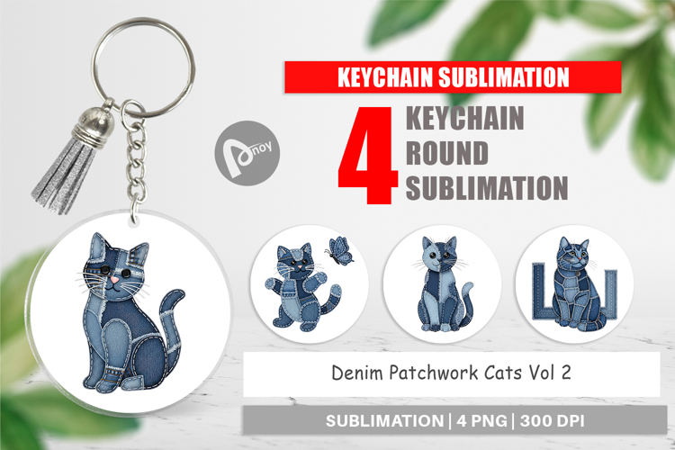 Denim Patchwork Cats Keychain example image 1