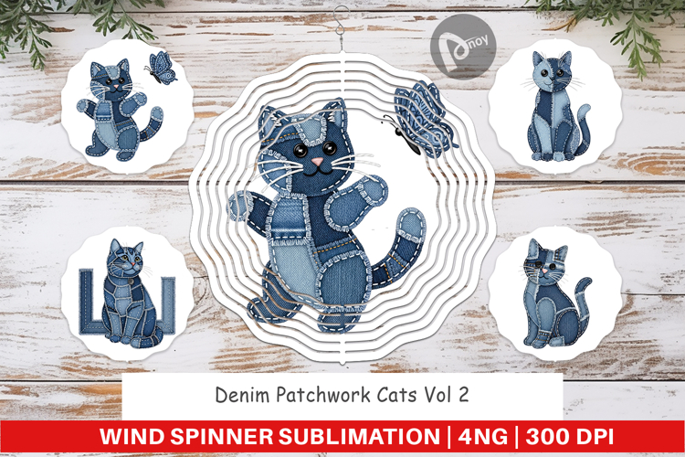 Denim Patchwork Cats Wind Spinner
