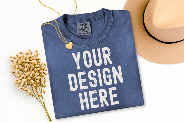 Comfort Colors C1717 Denim Shirt Mockup, Flat Lay Mockup