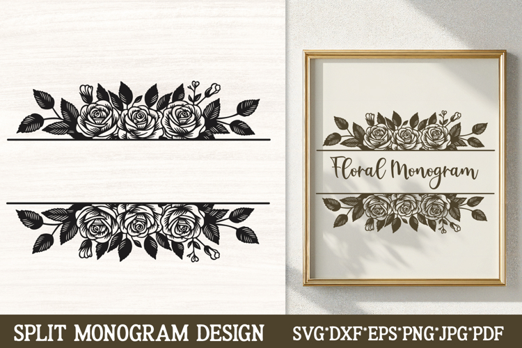 Dense Rose Floral Split Monogram SVG | Wedding Frame Design