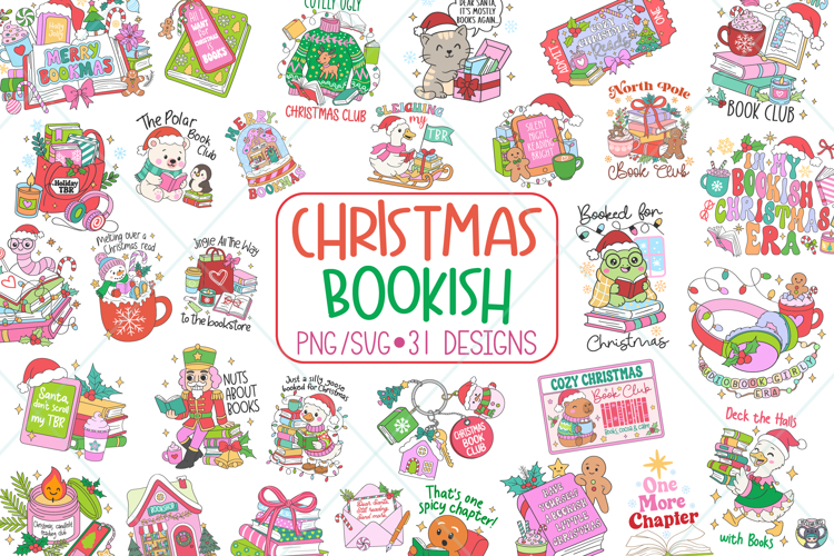 Christmas Bookish Png Bundle, Christmas Bookish stickers