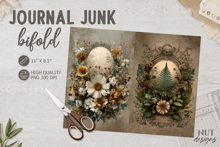 Botanical Junk Journal Bifold vintage wildflowers, fern