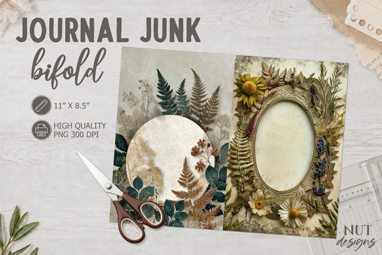 Botanical Junk Journal Bifold vintage wildflowers, fern