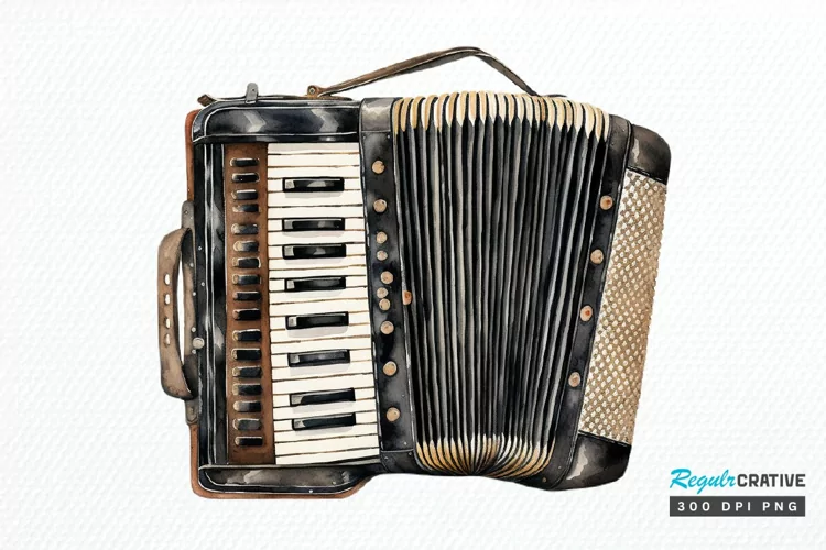 Vintage Accordion Watercolor Sublimation PNG Clipart