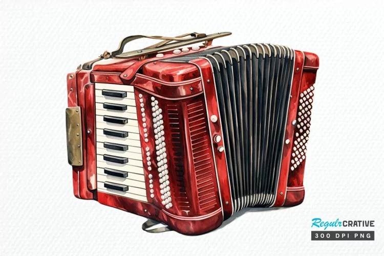 Vintage Accordion Watercolor Sublimation PNG Clipart