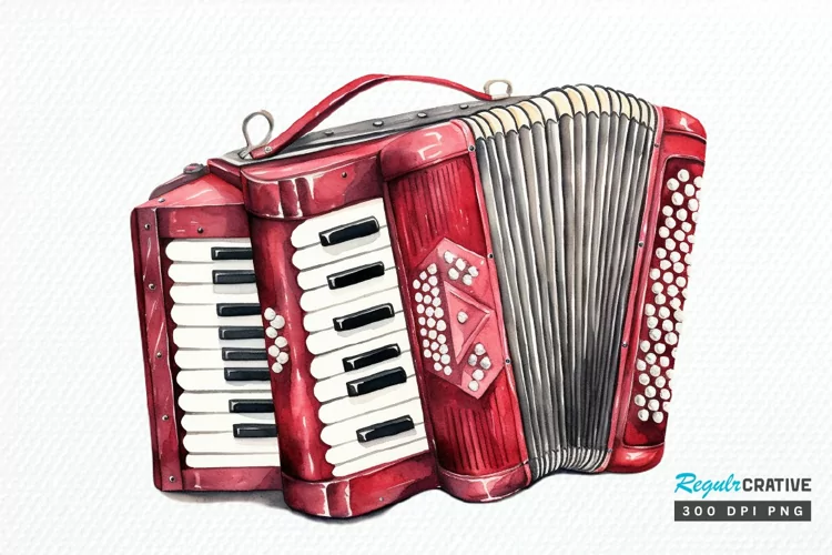 Vintage Accordion Watercolor Sublimation PNG Clipart