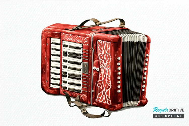 Vintage Accordion Watercolor Sublimation PNG Clipart