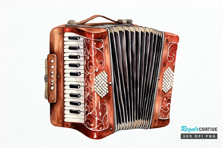 Vintage Accordion Watercolor Sublimation PNG Clipart