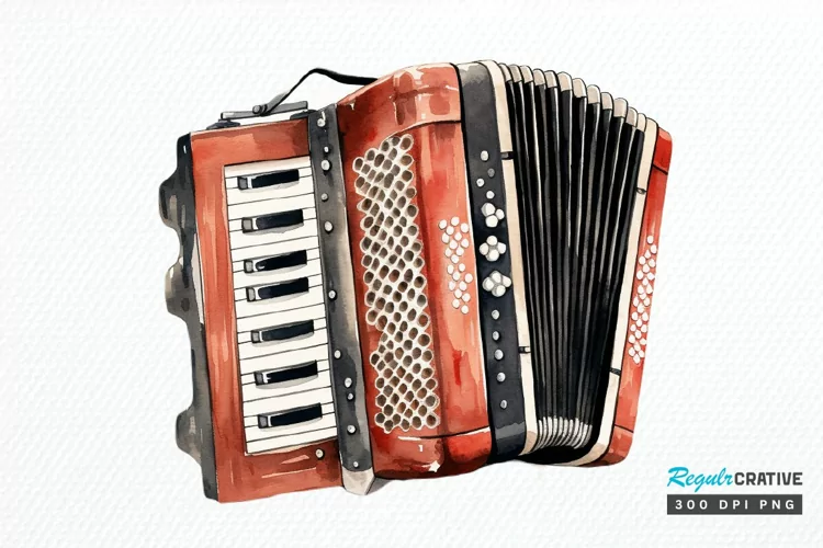 Vintage Accordion Watercolor Sublimation PNG Clipart