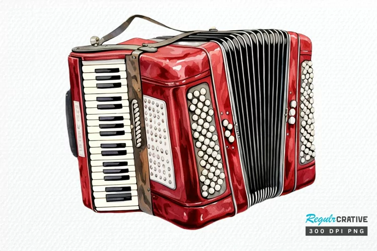 Vintage Accordion Watercolor Sublimation PNG Clipart