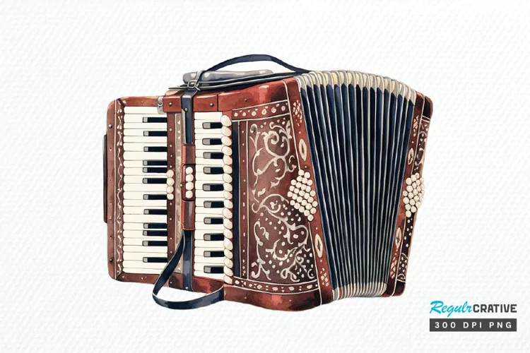 Vintage Accordion Watercolor Sublimation PNG Clipart