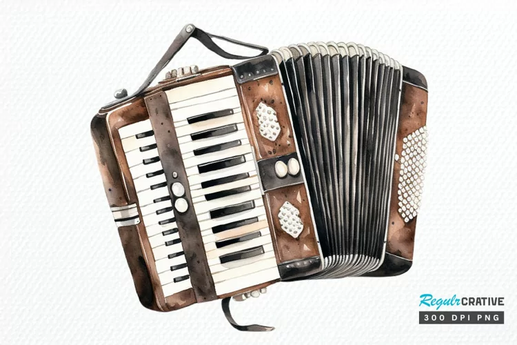Vintage Accordion Watercolor Sublimation PNG Clipart