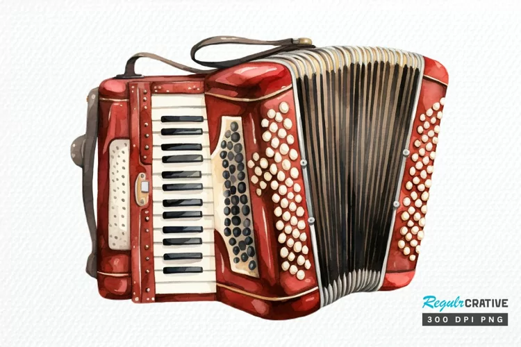 Vintage Accordion Watercolor Sublimation PNG Clipart