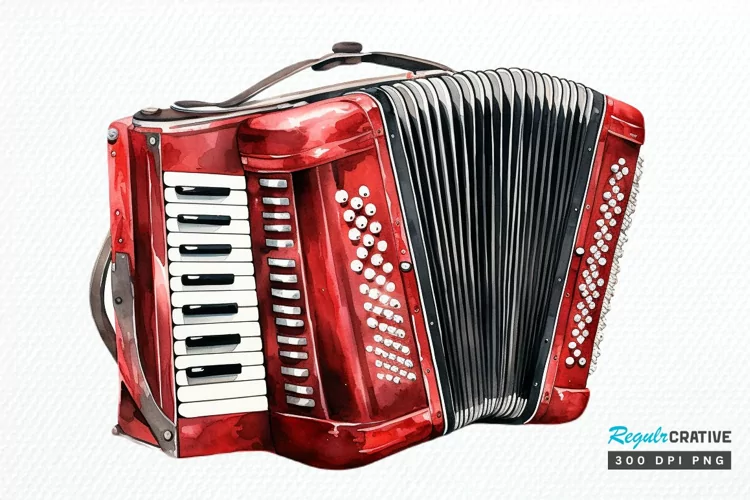Vintage Accordion Watercolor Sublimation PNG Clipart