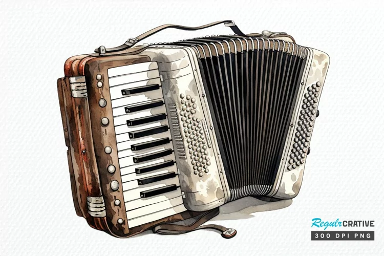 Vintage Accordion Watercolor Sublimation PNG Clipart