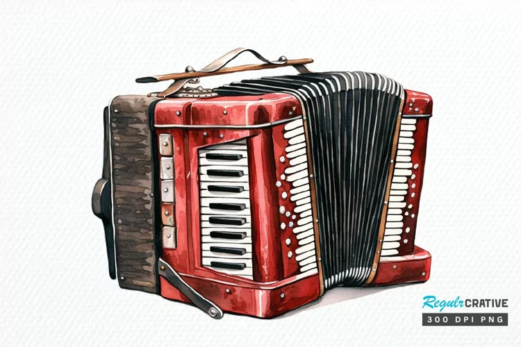 Vintage Accordion Watercolor Sublimation PNG Clipart