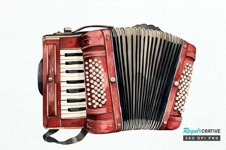 Vintage Accordion Watercolor Sublimation PNG Clipart