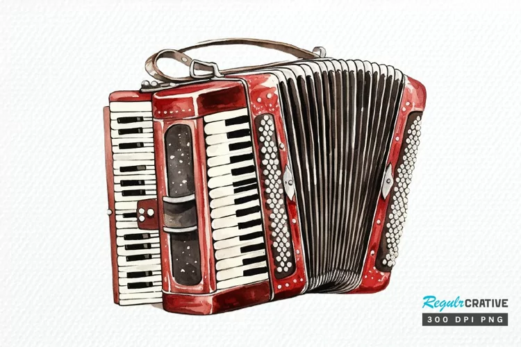 Vintage Accordion Watercolor Sublimation PNG Clipart
