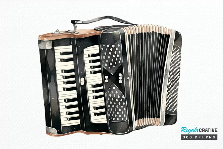 Vintage Accordion Watercolor Sublimation PNG Clipart