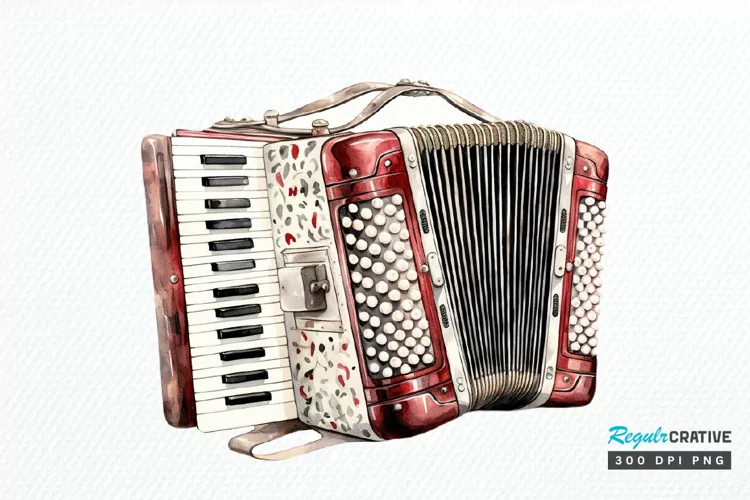 Vintage Accordion Watercolor Sublimation PNG Clipart