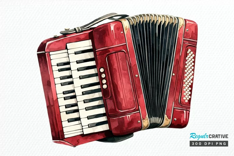 Vintage Accordion Watercolor Sublimation PNG Clipart