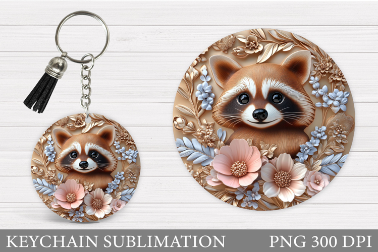 Cute Raccoon Keychain Design. Raccoon Flowers Keychain