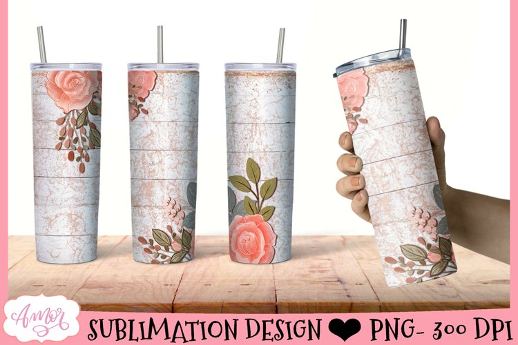 Floral tumbler wrap PNG for sublimation | Wood and flowers