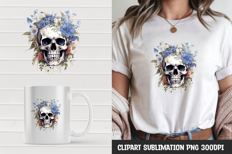 Watercolor floral skull sublimation clipart png