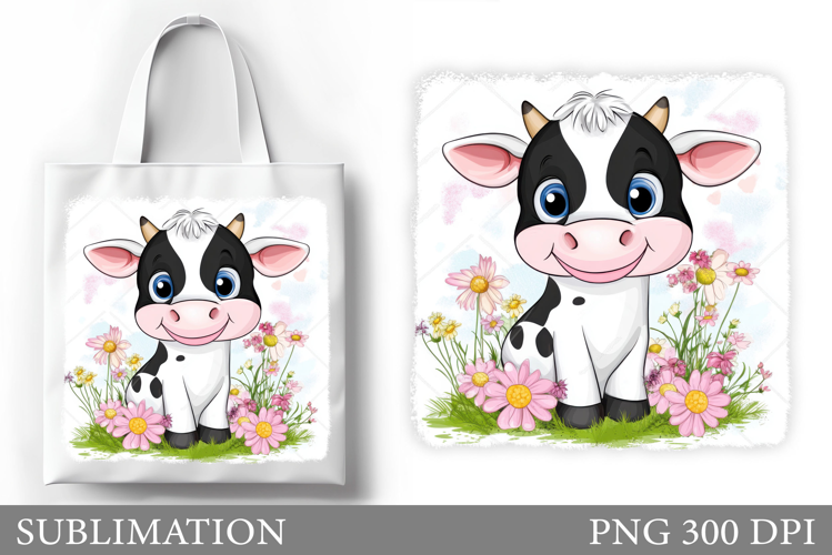 Cute Cow Tote Bag Sublimation. Cow Flowers Sublimation