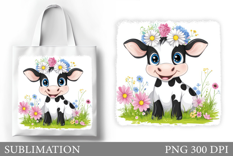 Cute Cow Tote Bag Sublimation. Cow Flowers Sublimation