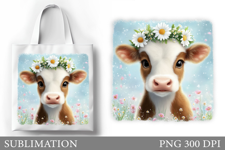 Cute Cow Tote Bag Sublimation. Cow Flowers Sublimation