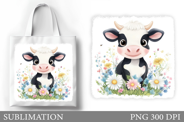 Cute Cow Tote Bag Sublimation. Cow Flowers Sublimation