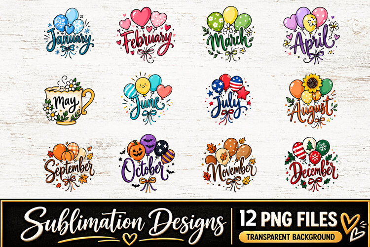 Monthly Balloon Designs Clipart Sublimation PNG example image 1