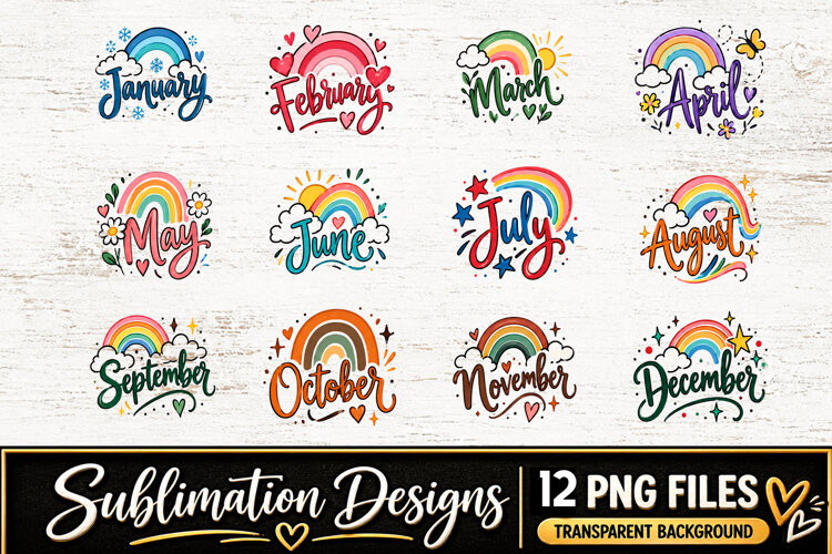 Monthly Rainbow Designs Clipart Sublimation PNG example image 1