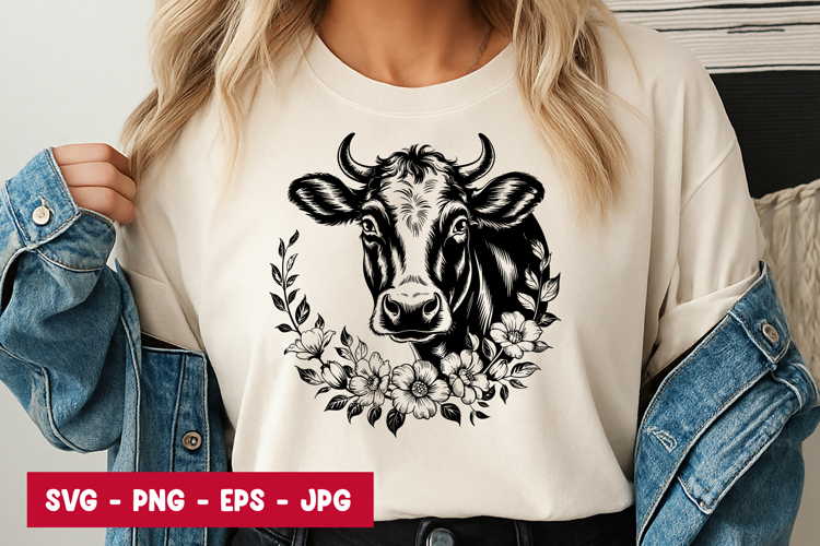 Cow Head with Floral Design Art SVG PNG