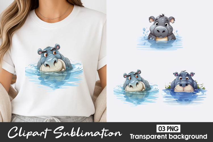 Cute Hippo Watercolor Clipart PNG