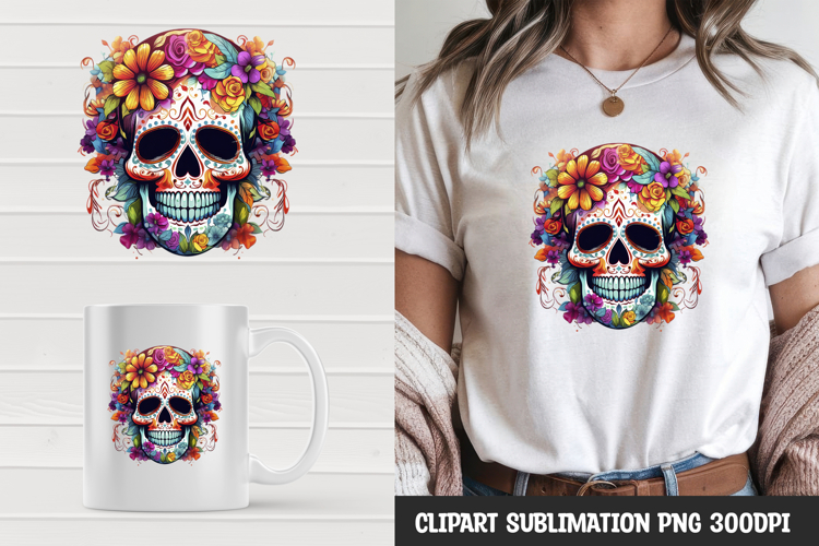 Watercolor floral skull sublimation clipart png