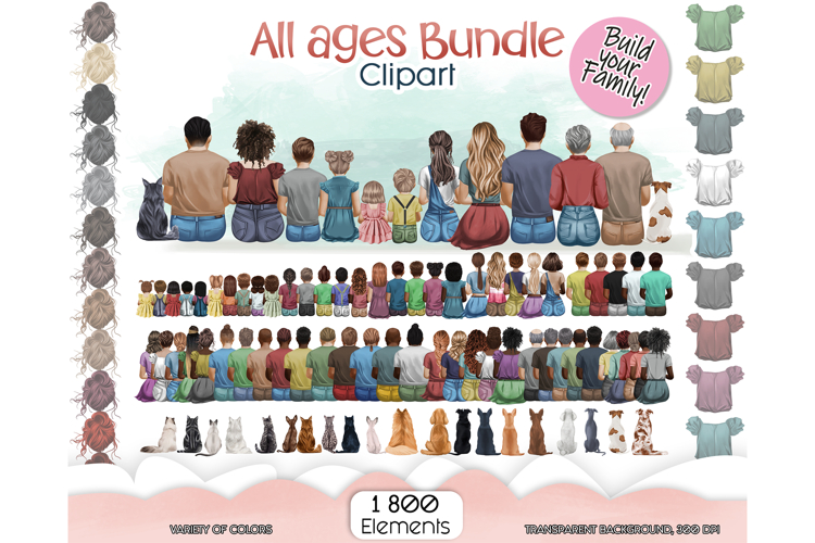 All Ages Family Bundle, Mother, Father, Kids, Dogs, Cats