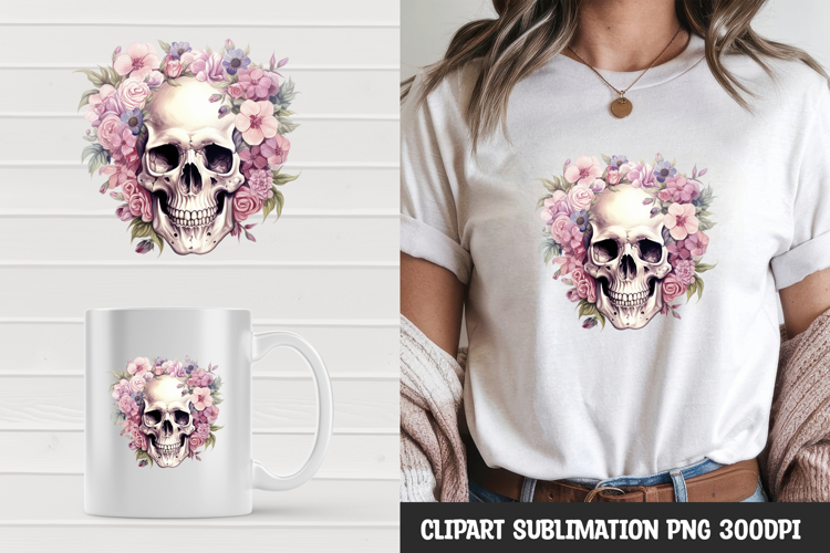 Watercolor floral skull sublimation clipart png