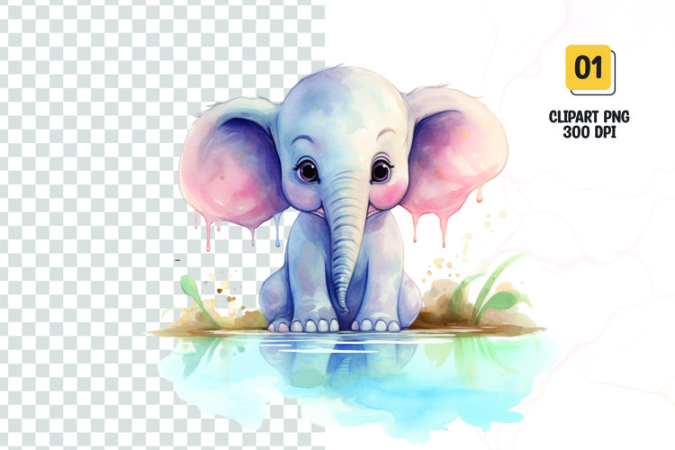 Watercolor baby elephant sublimation clipart png