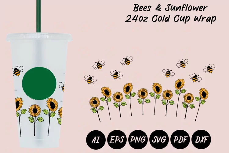 Bees & Sunflower 24oz Cold Cup Wrap SVG
