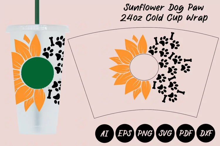 Sunflower Dog Paw 24oz Cold Cup Wrap SVG