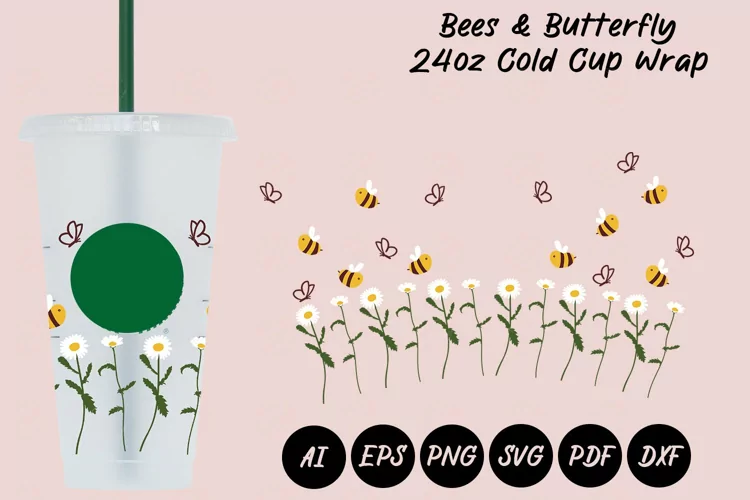 Bees & Butterfly 24oz Cold Cup Wrap SVG