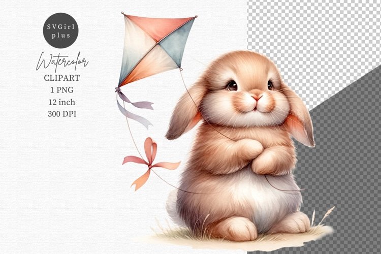 Bunny with kite clipart, Bunny clipart, Watercolor clipart