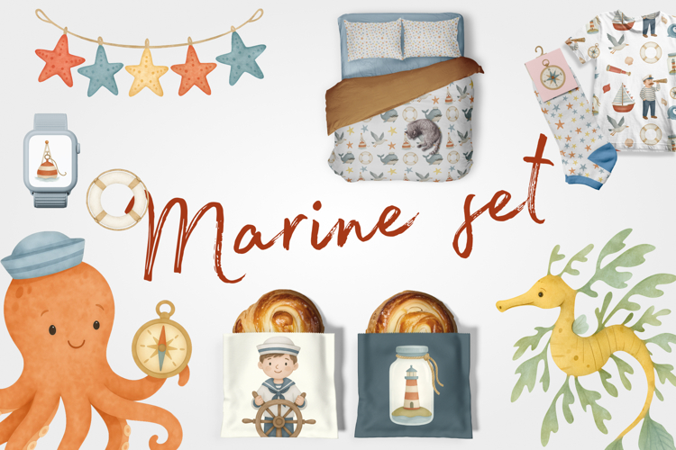 Large set of cute sea illustrations