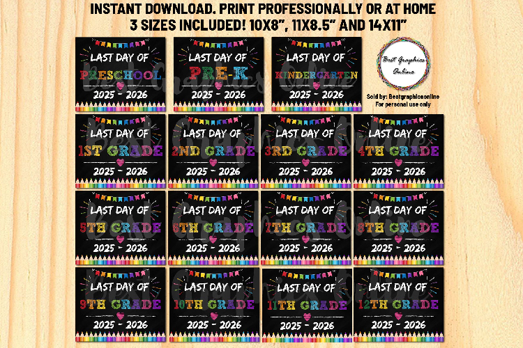 Last day of school chalkboard signs in 3 Sizes All grades